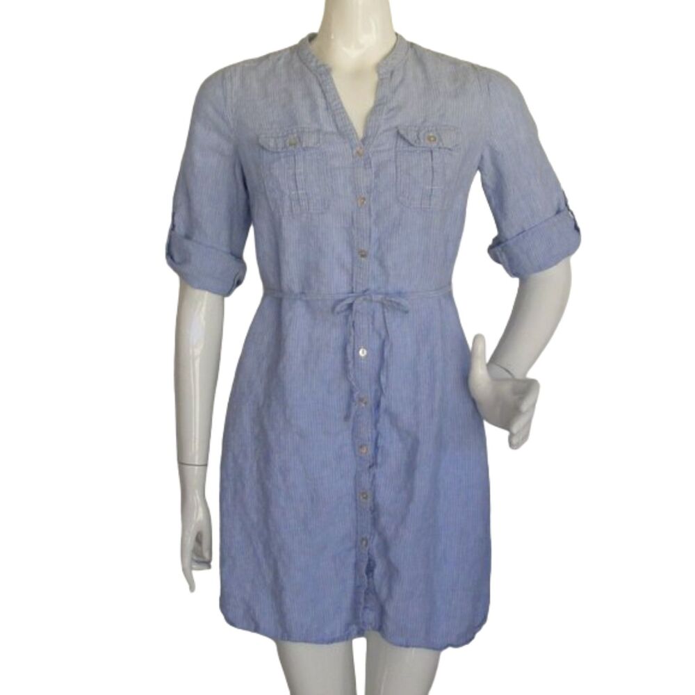 MALVIN Linen Dress, M, Blue, thin white stripe, Mini, Pockets, Sash belt - Picture 2 of 14
